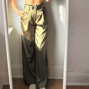 Vintage Olive Green Satin High-Waisted Trousers with Belt, Size Small